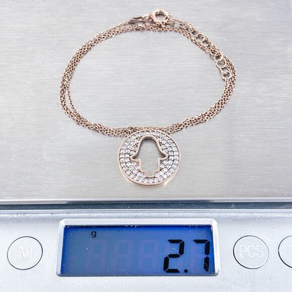 Rose Gold-Tone Sterling Silver Pavé CZ Hamsa Cut Out Necklace 16.5"-17.5" - Picture 6 of 6